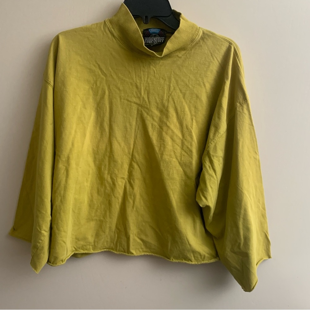 Pure stuff xl cotton raw hem high neck wide arms cropped top mustard
